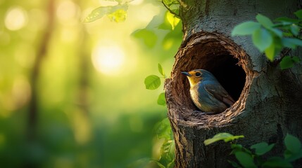 Wall Mural - Bird perched inside tree hollow surrounded by green leaves during golden hour light