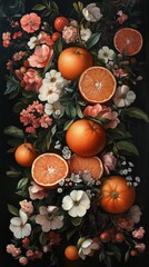 Wall Mural - Bright oranges and white flowers arranged artfully on leafy background for a fresh and vibrant display