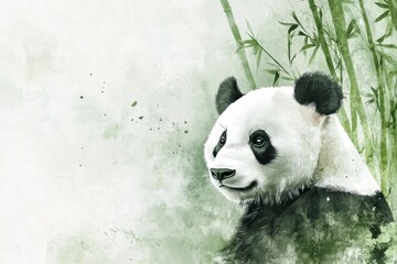 Aufkleber - Watercolor illustration of a panda surrounded by bamboo in a serene natural setting during daylight. Generative AI