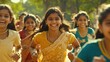 © vefimov - Women in traditional Indian attire participating in a running competition or celebratory event. They are wearing sarees and adorned with jewelry, laughing and enjoying themselves.