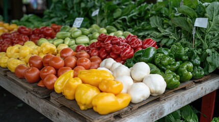 Wall Mural - Colorful vegetables at farmers market; shoppers browse