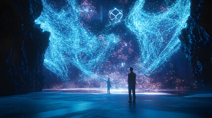 Wall Mural - futuristic scene where a scientist looks at a vast universe. mystery of the universe concept