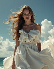 Wall Mural - A woman in a white dress standing on the beach