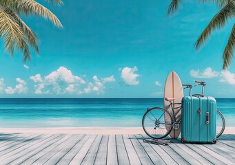 Wall Mural - Traveling with a suitcase filled with a hat, camera, flippers, bicycle, clothes, headphones, and a surfboard, set against an ocean or sea view, captures the summer, resort, journey, trip, or travel