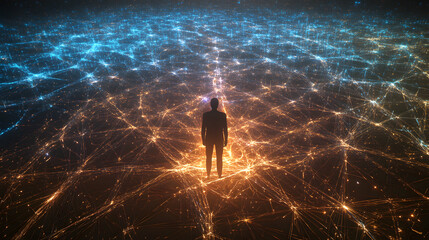 mesmerizing multiverse scene with a man on the middle contemplating different choices. choices and t