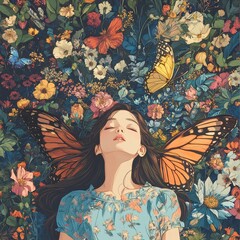 Wall Mural - Woman Sleeping Amidst Butterflies and Flowers