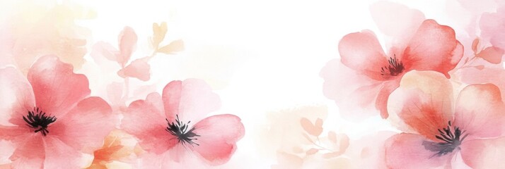 Poster - Delicate watercolor illustration of pink flowers in soft light, capturing the essence of spring in a serene atmosphere. Generative AI