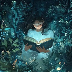 Wall Mural - Girl Reading Enchanting Glowing Book Surrounded By Lush Greenery