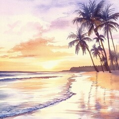 Poster - Colorful sunset over a tranquil beach with palm trees reflected in water. Generative AI