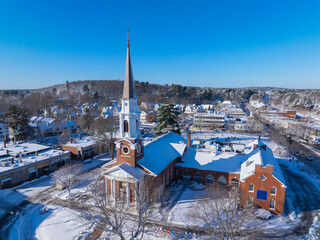 Wall Mural - Wellesley Congregational Church aerial view in winter at 2 Central Street in historic town center of Wellesley, Massachusetts MA, USA.