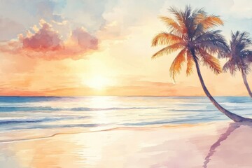 Poster - Serene sunset over a tropical beach with palm trees swaying gently by the water. Generative AI