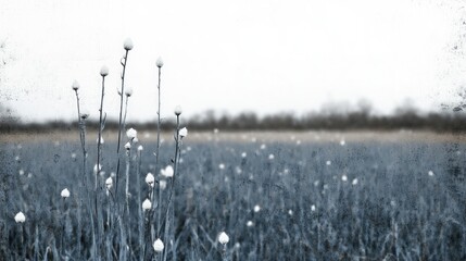 Wall Mural - Winter field, frosted poppy seed heads, tranquil landscape, nature background