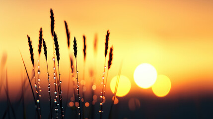 Wall Mural - dew covered grass at dawn with beautiful sunrise backdrop
