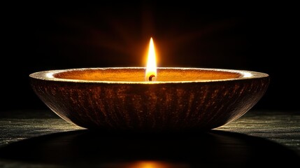 Poster - Burning candle in wooden bowl, dark background, peace, meditation