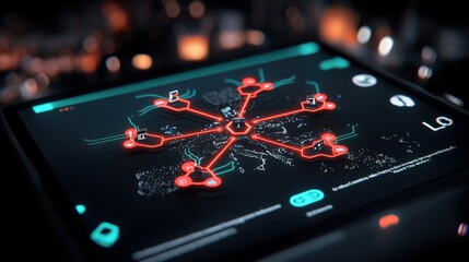 Data visualization event high-tech network mapping digital workspace interactive display futuristic environment aerial perspective
