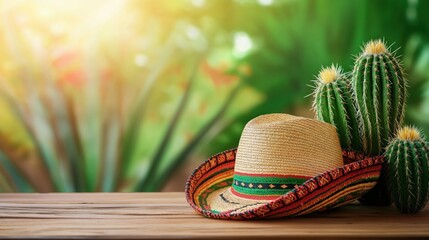 Traditional Mexican Sombrero and Cactus with Greenery