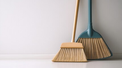 Wall Mural - A single broom and dustpan set isolated on a white surface, ideal for promoting household cleaning accessories.