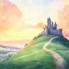 Poster - Majestic castle on a hilltop surrounded by pastel clouds at sunset in a dreamy watercolor illustration. Generative AI