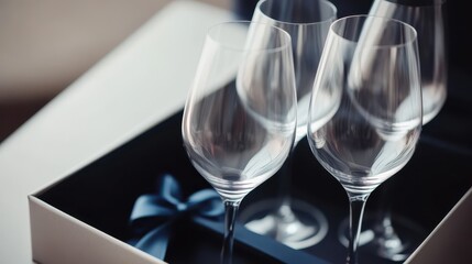 Wall Mural - Close-up of a set of wine glasses in a gift box isolated on a white surface, perfect for gifting products.