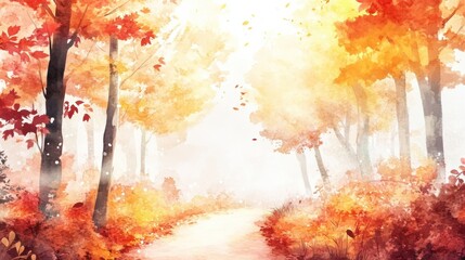 Aufkleber - Autumn forest path with vibrant orange and yellow foliage inviting peaceful strolls in a serene atmosphere. Generative AI