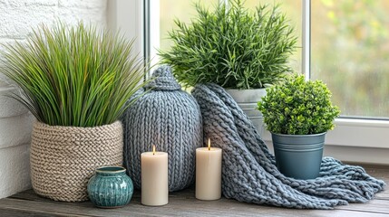 Wall Mural - Cozy windowsill plants, candles, knitted decor, autumn view