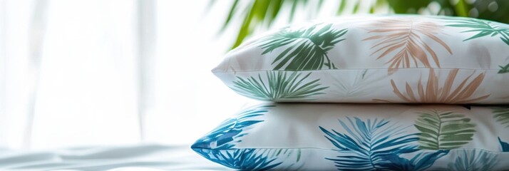 Wall Mural - Soft summer pillows with tropical patterns on a light fabric setting by a sunny window. Generative AI