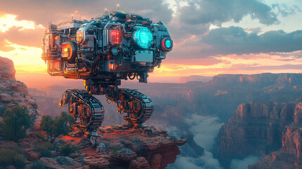 a futuristic robot crane with automatic control system building a bridge over a sunset canyon, symbo