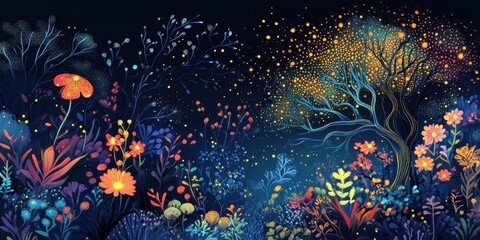 Sticker - Luminous Night Garden With Glowing Tree And Flowers