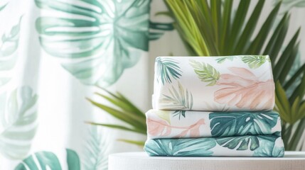 Poster - Colorful tropical patterns in light summer fabrics displayed in an inviting interior setting. Generative AI