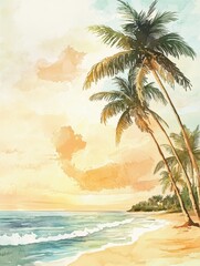 Poster - Calm waters and palm trees at sunset along a serene beach in a watercolor illustration. Generative AI