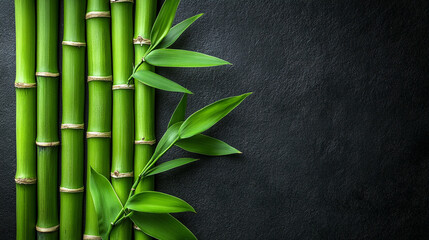 Artistic intertwining green bamboo stalks symbolize growth, harmony, and balance, their natural curves offering a sense of serenity, surrounded by a bright, modern-toned blurred background