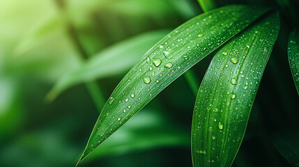 Artistic intertwining green bamboo stalks symbolize growth, harmony, and balance, their natural curves offering a sense of serenity, surrounded by a bright, modern-toned blurred background