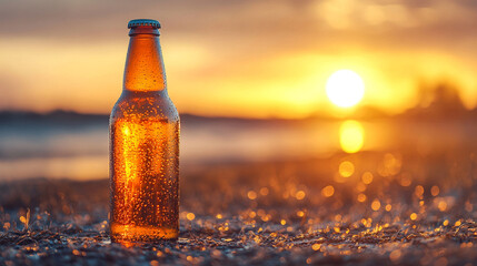 Wall Mural - A modern beer bottle with a bright tone, placed against a blurred background, leaving empty space on the side, symbolizing solitude and introspection in a chaotic world.

