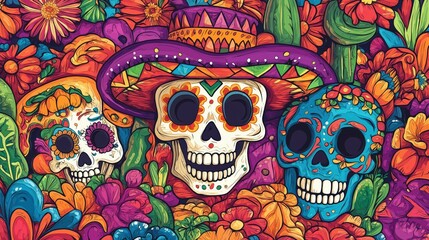 Two Sugar Skulls with Sombreros and Mexican Folk Art Details