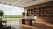 © PixelPulse Creative - A contemporary CEO office with a sleek wooden desk and an executive chair at its center