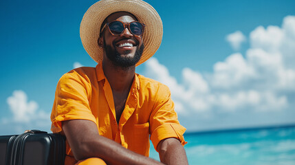 Wall Mural - Young african american man sitting on sea or ocean coast, wearing orange shirt and straw hat and smiling, black suitcase near. summer vacation holiday island travel, tourist destination rest enjoy.