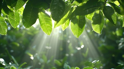 Wall Mural - Sunlight through leaves, rainforest background, nature scene, website banner