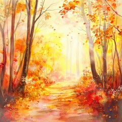 Aufkleber - Vibrant autumn pathway through a colorful forest in warm watercolor tones. Generative AI