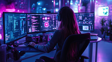 a female software developer working in a sleek, cyberpunk-inspired office, illuminated by the blue a