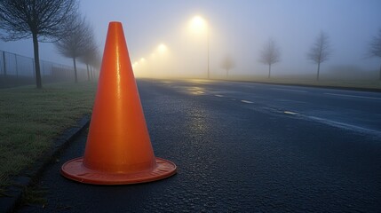 Sticker - Foggy road, orange cone warning, streetlights, misty morning, safety