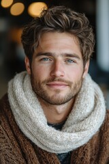 Wall Mural - Young man with a stylish scarf relaxing indoors on a cozy afternoon while smiling gently at the camera