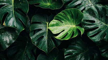 Wall Mural - Vibrant green tropical leaves adorned with delicate water droplets create a captivating visual of nature's beauty. This lush environment emphasizes tranquility and freshness