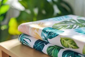 Poster - Vibrant tropical patterns on light summer fabrics displayed in cozy indoor setting with natural light. Generative AI