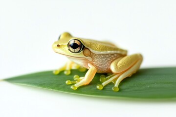 tiny frog sitting on a green leaf, isolated on a white background.