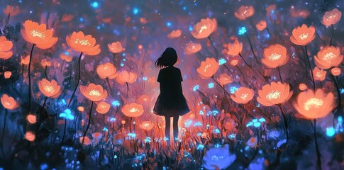 Wall Mural - Girl Silhouetted Amongst Glowing Orange Flowers