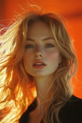 Sticker - Beautiful woman with flowing hair in vibrant sunlight against an orange backdrop during golden hour