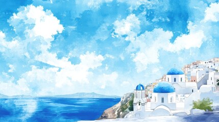 Fototapete - Watercolor illustration of a coastal village with blue domes and scenic ocean view under a bright sky. Generative AI