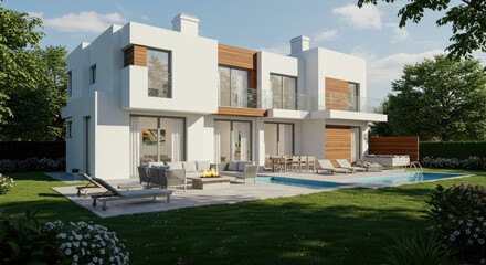 A modern two story house with a mix of white plaster and warm wooden accents with an expansive patio with stylish outdoor seating around a central firepit