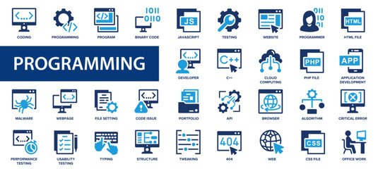 coding and programming flat icons set. developer, code, software, website, cloud, web development ic