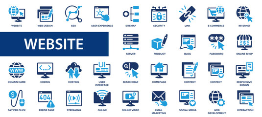 website flat icons set. server, ontent, link, hosting, e-commerce, content, coding, icons and more s